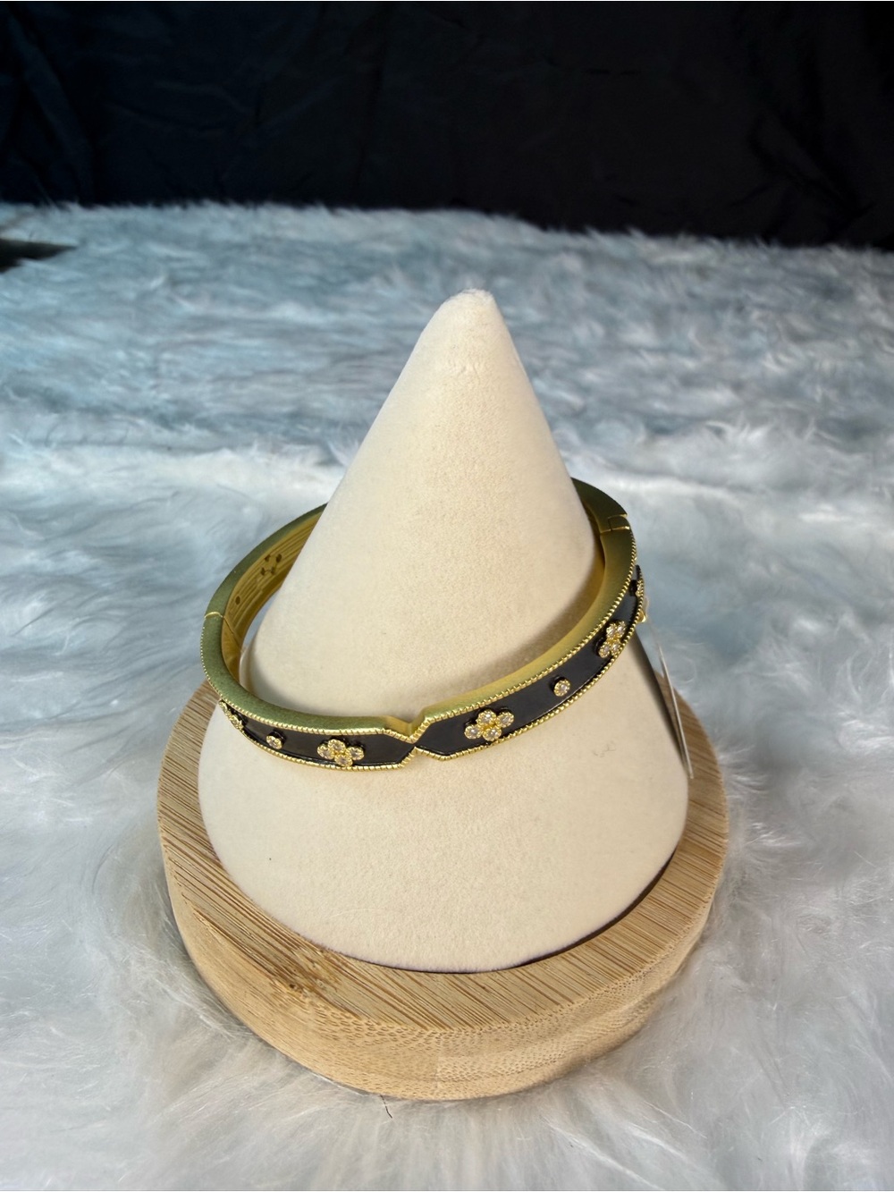 Freida Rothman Iconic Clover Hinge Gold-Tone Black Bangle Bracelet - Picture 3 of 8